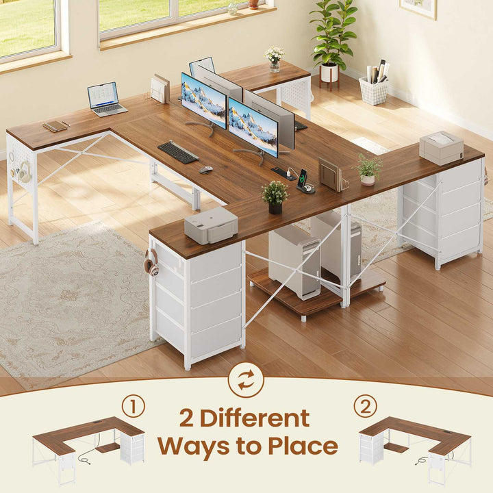 SEDETA 67 Inch U Shaped Desk with 4 Fabric Drawers Reversible Corner Computer Desk with Power Outlet CPU Shelf L Shaped Office Desk with Pegboard