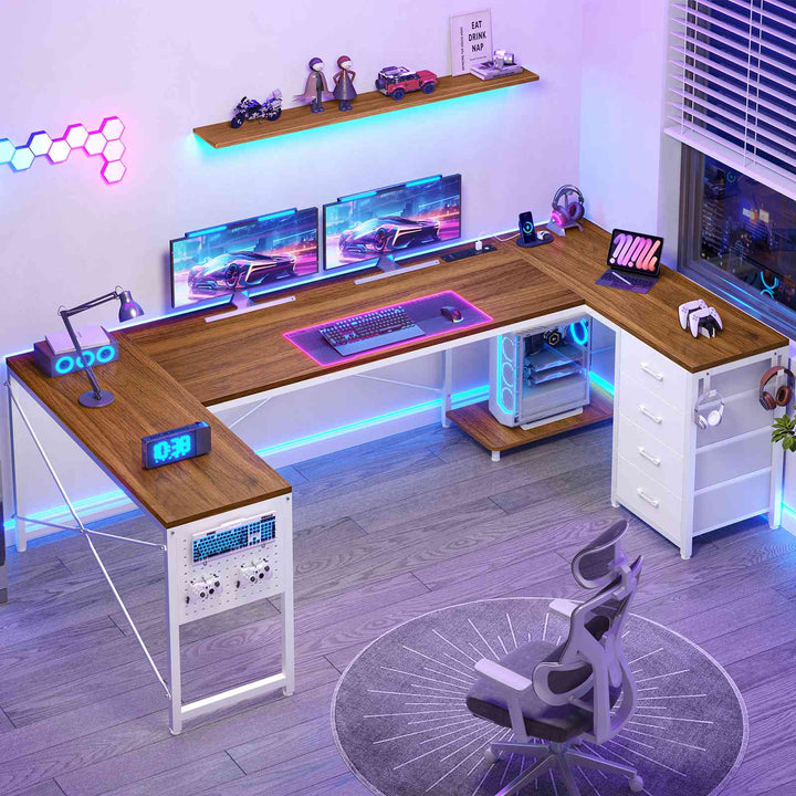 SEDETA 67 Inch U Shaped Desk with 4 Fabric Drawers Reversible Corner Computer Desk with Power Outlet CPU Shelf L Shaped Office Desk with Pegboard