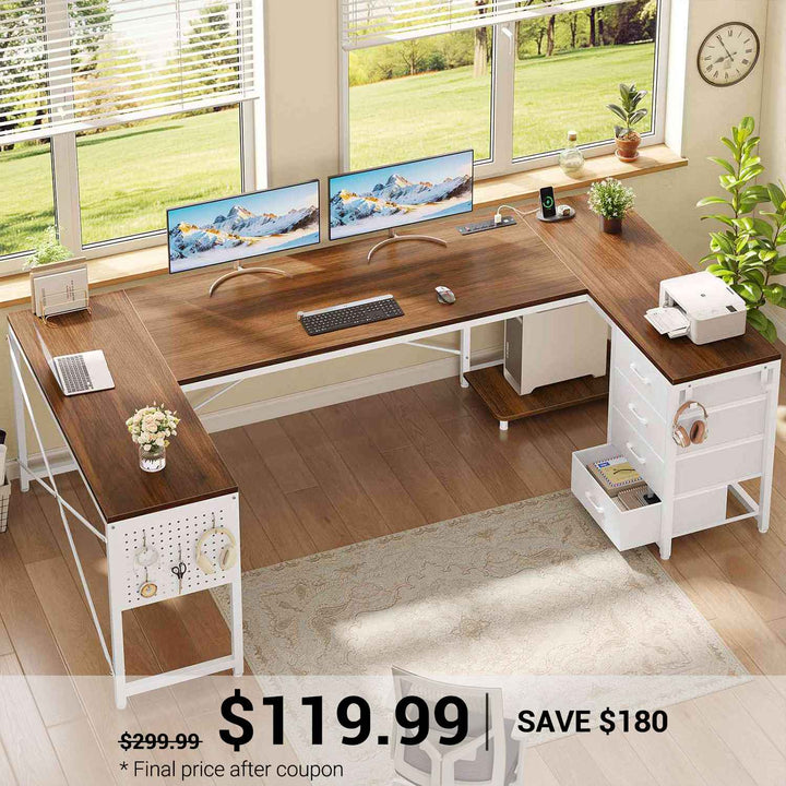 SEDETA® 67 Inch Reversible Corner Computer Desk with Power Outlet U Shaped Desk with 4 Fabric Drawers CPU Shelf L Shaped Office Desk with Pegboard