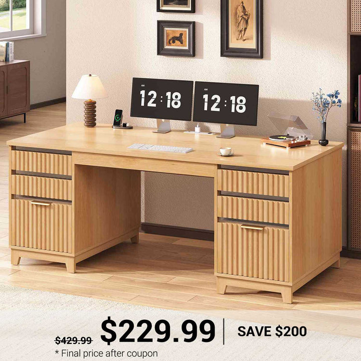 SEDETA 55.1 Inch Fluted Office Desk Modern Light Luxury Executive Desk Computer Desk with Power outlets 6 Drawers Acrylic File Drawers