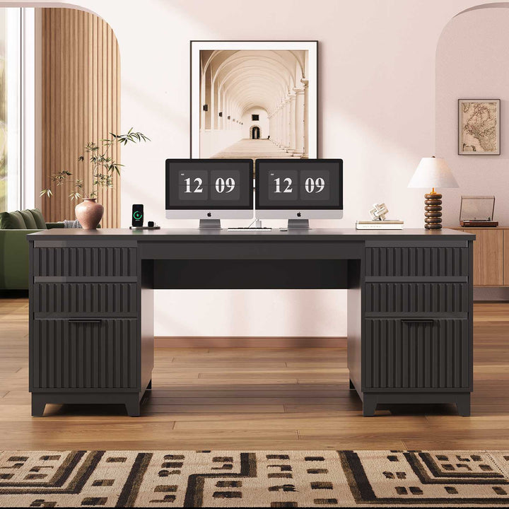 SEDETA 55.1 Inch Fluted Office Desk Modern Light Luxury Executive Desk Computer Desk with Power outlets 6 Drawers Acrylic File Drawers