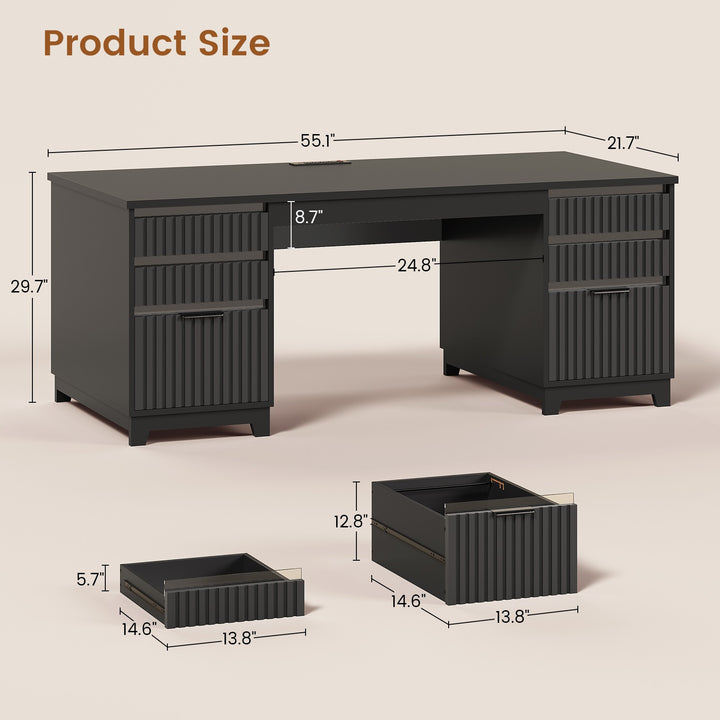 SEDETA 55.1 Inch Fluted Office Desk Modern Light Luxury Executive Desk Computer Desk with Power outlets 6 Drawers Acrylic File Drawers