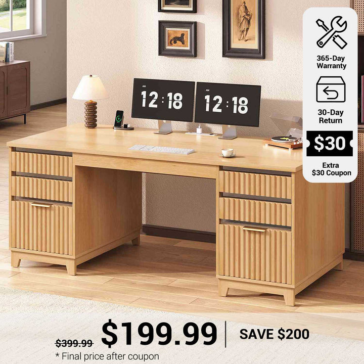 SEDETA® 55.1 Inch Fluted Executive Desk Modern Office Computer Desk Light Luxury Design with Acrylic File Drawers 6 Drawers Power outlets