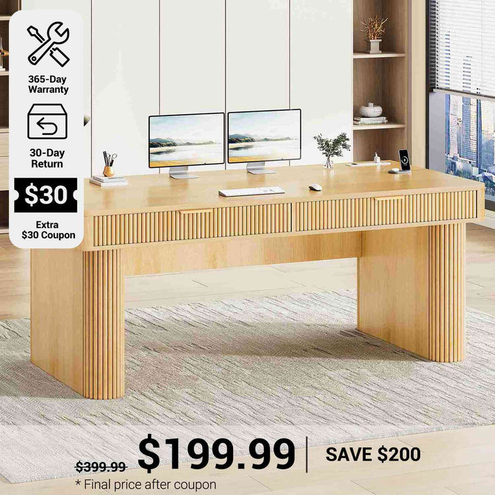 SEDETA® 59 Inch Light Luxury Fluted Computer Desk Wood Modern Office Executive Desk Writing Desk with 2 Drawers Storage Power Strip