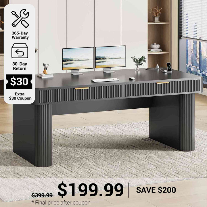 SEDETA® 59 Inch Light Luxury Fluted Computer Desk Wood Modern Office Executive Desk Writing Desk with 2 Drawers Storage Power Strip