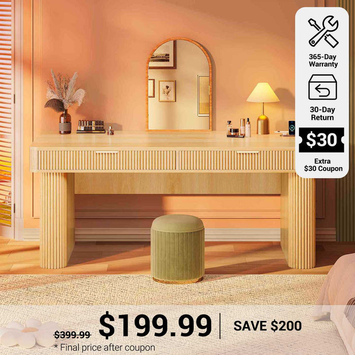 SEDETA® 59 Inch Light Luxury Fluted Computer Desk Wood Modern Office Executive Desk Writing Desk with 2 Drawers Storage Power Strip