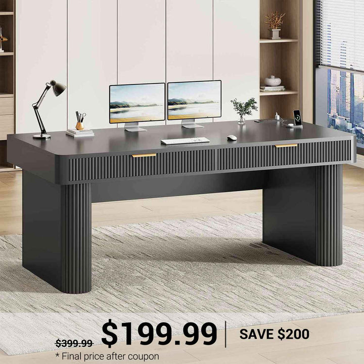 SEDETA | 59 Inch Fluted Executive Desk with 2 Drawers Computer Desk with Storage and Power Strip Wood Writing Desk for Home Office