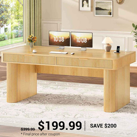 SEDETA | 59 Inch Fluted Executive Desk with 2 Drawers Computer Desk with Storage and Power Strip Wood Writing Desk for Home Office