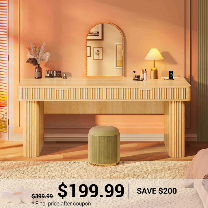 SEDETA | 59 Inch Fluted Executive Desk with 2 Drawers Computer Desk with Storage and Power Strip Wood Writing Desk for Home Office