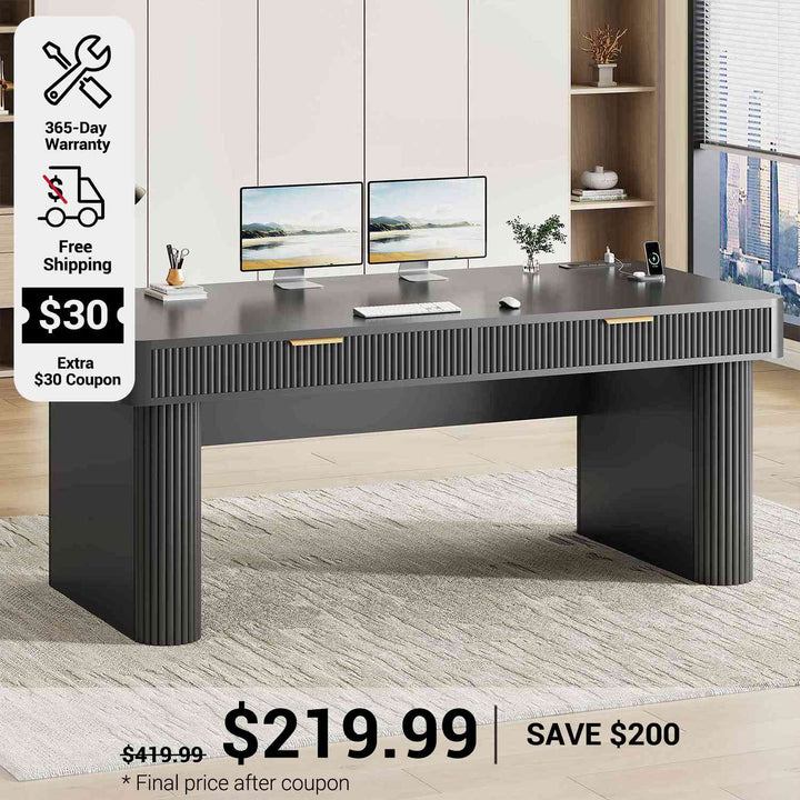 SEDETA 59 Inch Fluted Computer Desk with Storage and Power Strip Wood Office Executive Desk Writing Desk Light Luxury with 2 Drawers