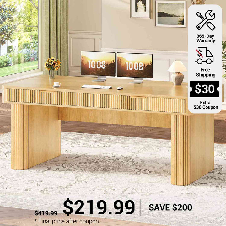 SEDETA 59 Inch Fluted Computer Desk with Storage and Power Strip Wood Office Executive Desk Writing Desk Light Luxury with 2 Drawers