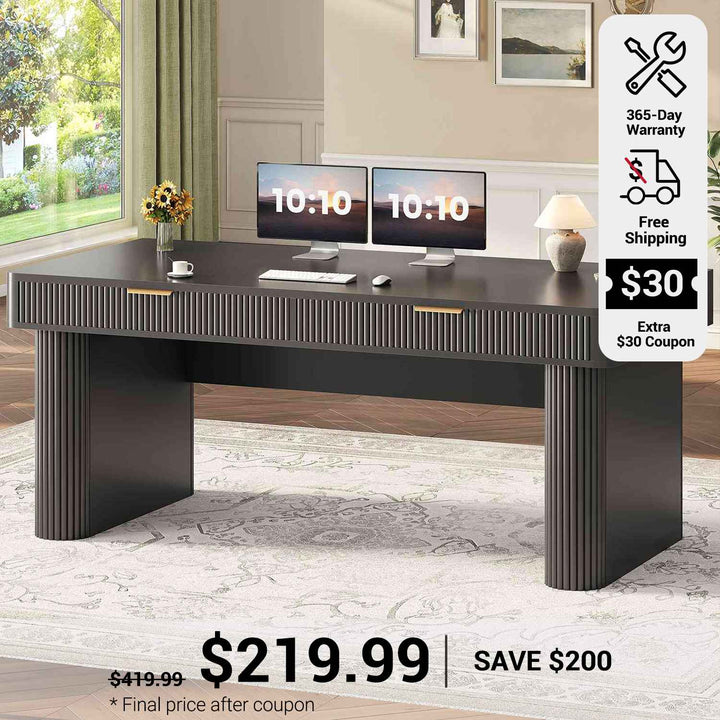 SEDETA 59 Inch Fluted Computer Desk with Storage and Power Strip Wood Office Executive Desk Writing Desk Light Luxury with 2 Drawers