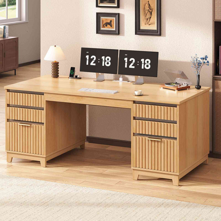 SEDETA 55.1 Inch Fluted Office Desk Modern Light Luxury Executive Desk Computer Desk with Power outlets 6 Drawers Acrylic File Drawers