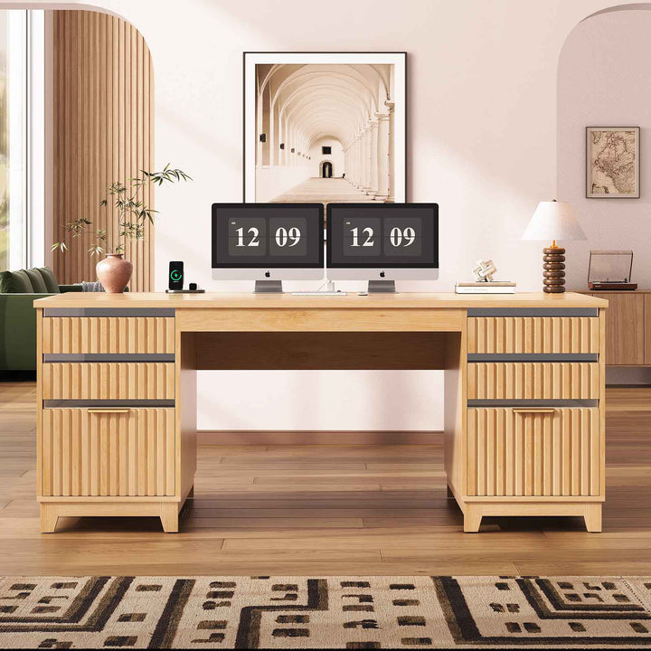 SEDETA 55.1 Inch Fluted Office Desk Modern Light Luxury Executive Desk Computer Desk with Power outlets 6 Drawers Acrylic File Drawers