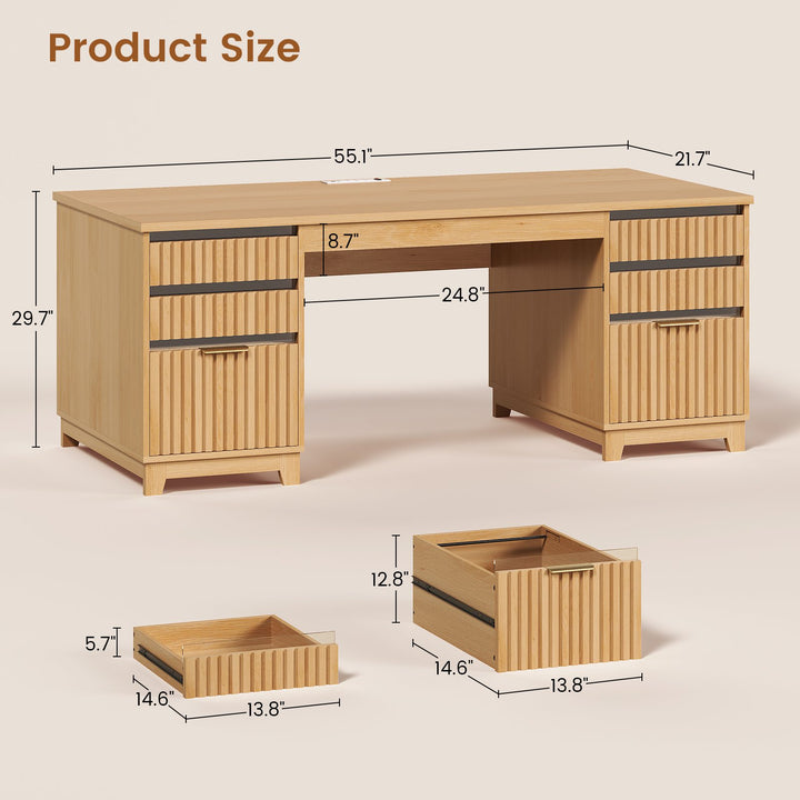 SEDETA 55.1 Inch Fluted Office Desk Modern Light Luxury Executive Desk Computer Desk with Power outlets 6 Drawers Acrylic File Drawers