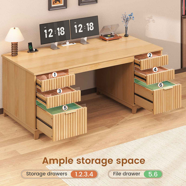 SEDETA 55.1 Inch Fluted Office Desk Modern Light Luxury Executive Desk Computer Desk with Power outlets 6 Drawers Acrylic File Drawers