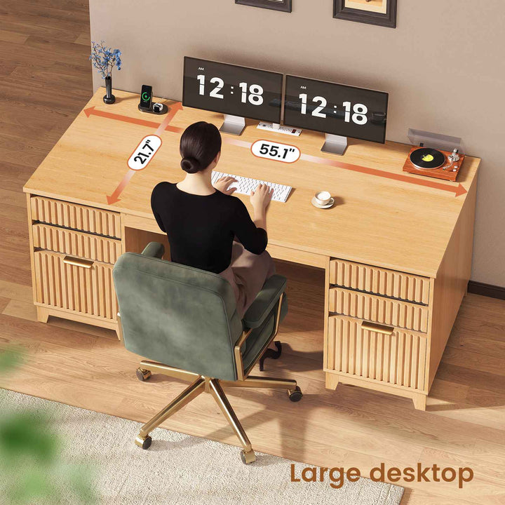 SEDETA 55.1 Inch Fluted Office Desk Modern Light Luxury Executive Desk Computer Desk with Power outlets 6 Drawers Acrylic File Drawers