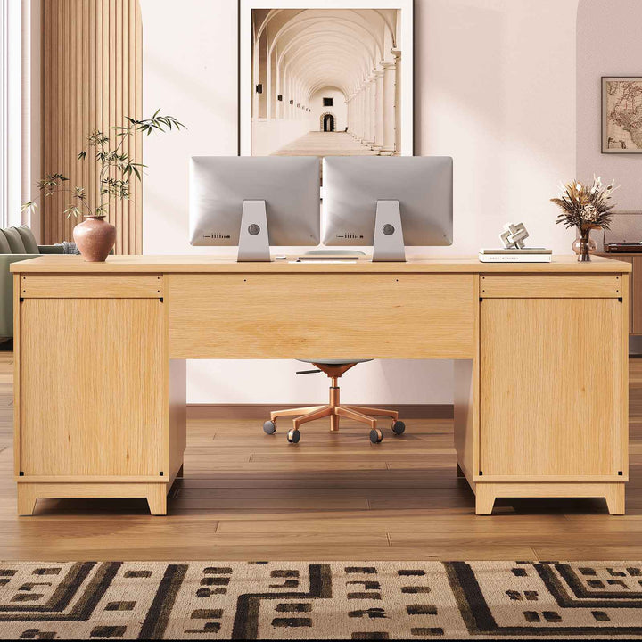 SEDETA 55.1 Inch Fluted Office Desk Modern Light Luxury Executive Desk Computer Desk with Power outlets 6 Drawers Acrylic File Drawers