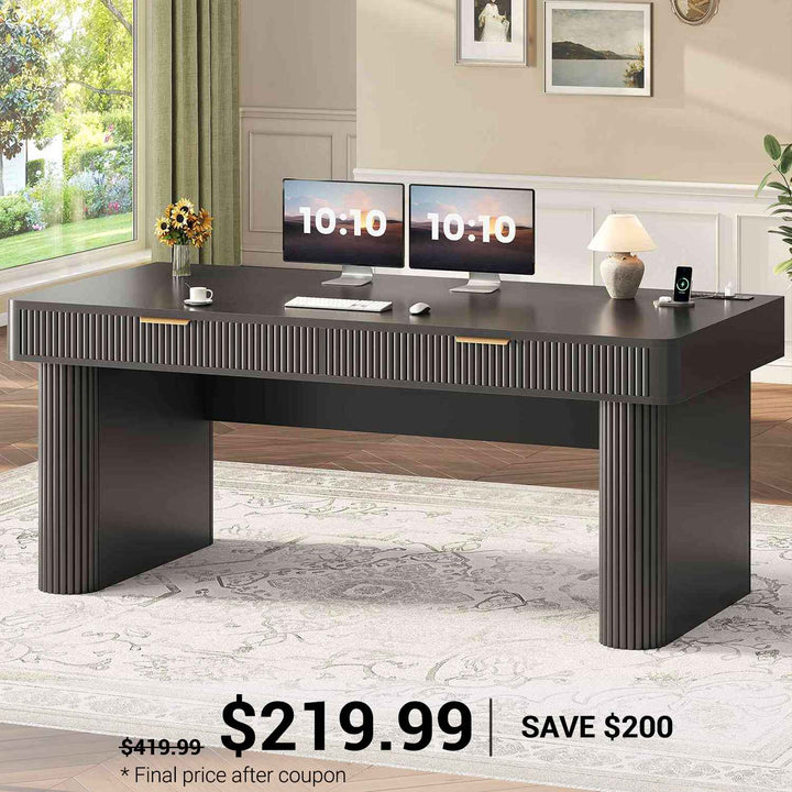 SEDETA 59 Inch Fluted Computer Desk with Storage and Power Strip Wood Office Executive Desk Writing Desk Light Luxury with 2 Drawers