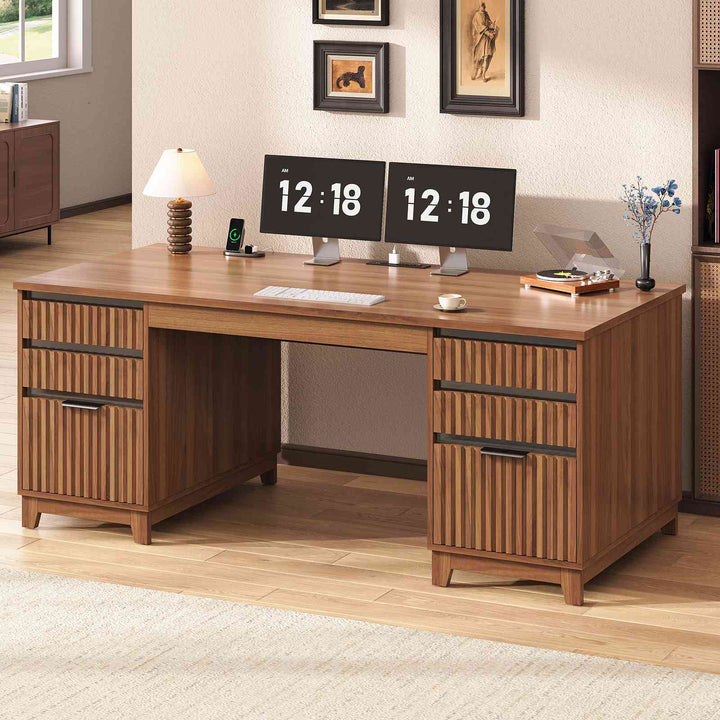 SEDETA 55.1 Inch Fluted Office Desk Modern Light Luxury Executive Desk Computer Desk with Power outlets 6 Drawers Acrylic File Drawers