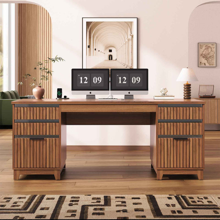 SEDETA 55.1 Inch Fluted Office Desk Modern Light Luxury Executive Desk Computer Desk with Power outlets 6 Drawers Acrylic File Drawers