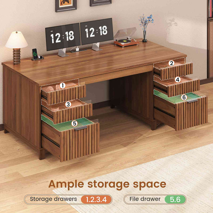 SEDETA 55.1 Inch Fluted Office Desk Modern Light Luxury Executive Desk Computer Desk with Power outlets 6 Drawers Acrylic File Drawers