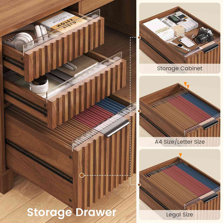 SEDETA 55.1 Inch Fluted Office Desk Modern Light Luxury Executive Desk Computer Desk with Power outlets 6 Drawers Acrylic File Drawers