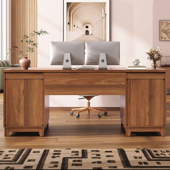 SEDETA 55.1 Inch Fluted Office Desk Modern Light Luxury Executive Desk Computer Desk with Power outlets 6 Drawers Acrylic File Drawers