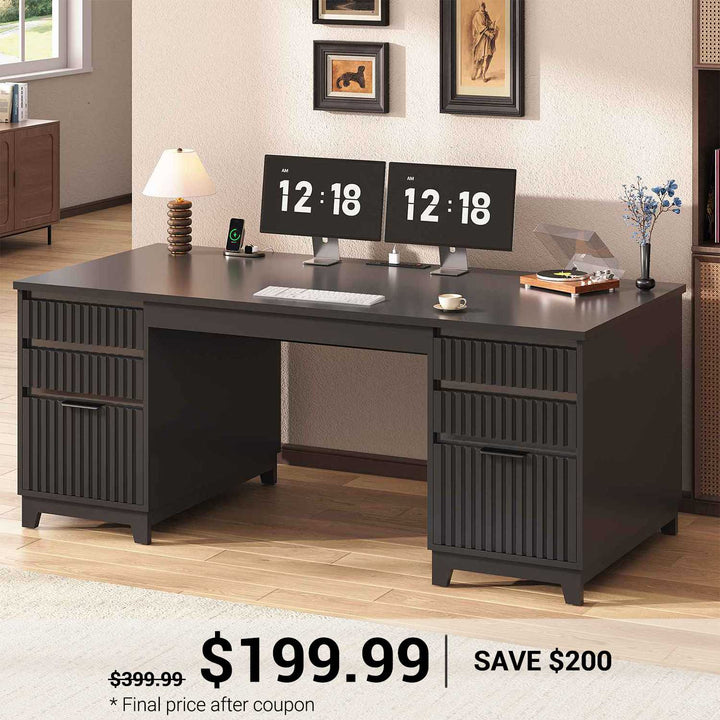 SEDETA® 55.1 Inch Fluted Executive Desk Modern Office Computer Desk Light Luxury Design with Acrylic File Drawers 6 Drawers Power outlets