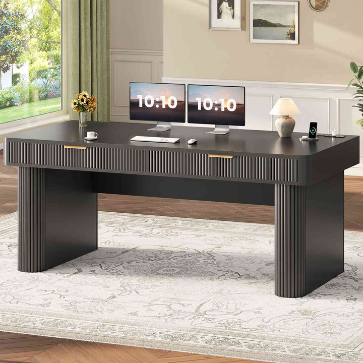 SEDETA 59 Inch Fluted Computer Desk with Storage and Power Strip Wood Office Executive Desk Writing Desk Light Luxury with 2 Drawers