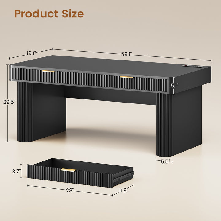 SEDETA 59 Inch Fluted Computer Desk with Storage and Power Strip Wood Office Executive Desk Writing Desk Light Luxury with 2 Drawers
