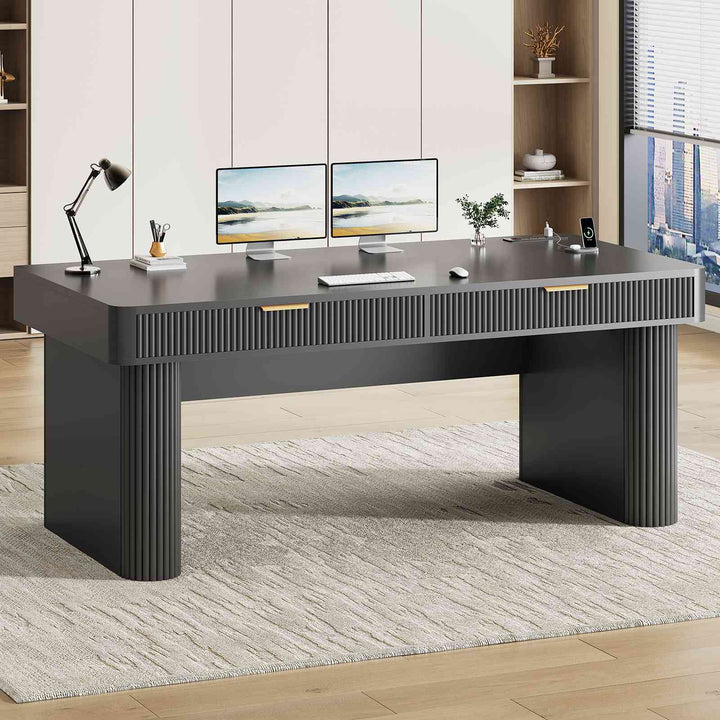 SEDETA 59 Inch Fluted Computer Desk with Storage and Power Strip Wood Office Executive Desk Writing Desk Light Luxury with 2 Drawers