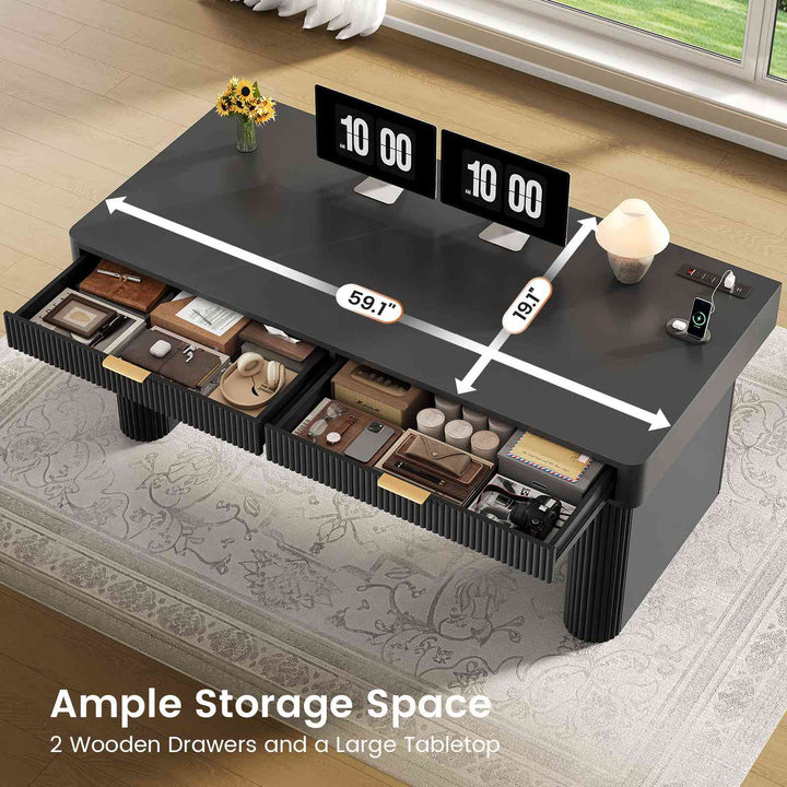 SEDETA 59 Inch Fluted Computer Desk with Storage and Power Strip Wood Office Executive Desk Writing Desk Light Luxury with 2 Drawers