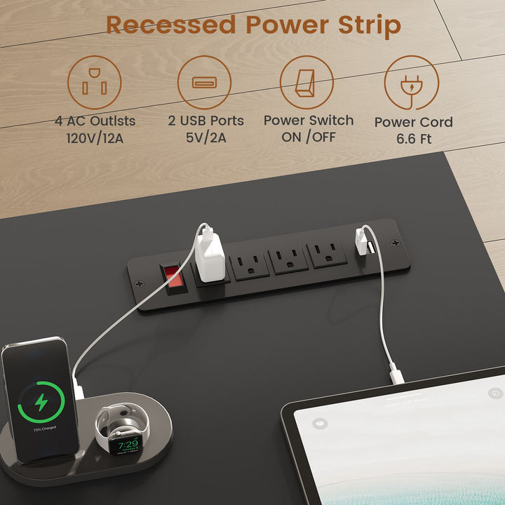 SEDETA 59 Inch Fluted Computer Desk with Storage and Power Strip Wood Office Executive Desk Writing Desk Light Luxury with 2 Drawers