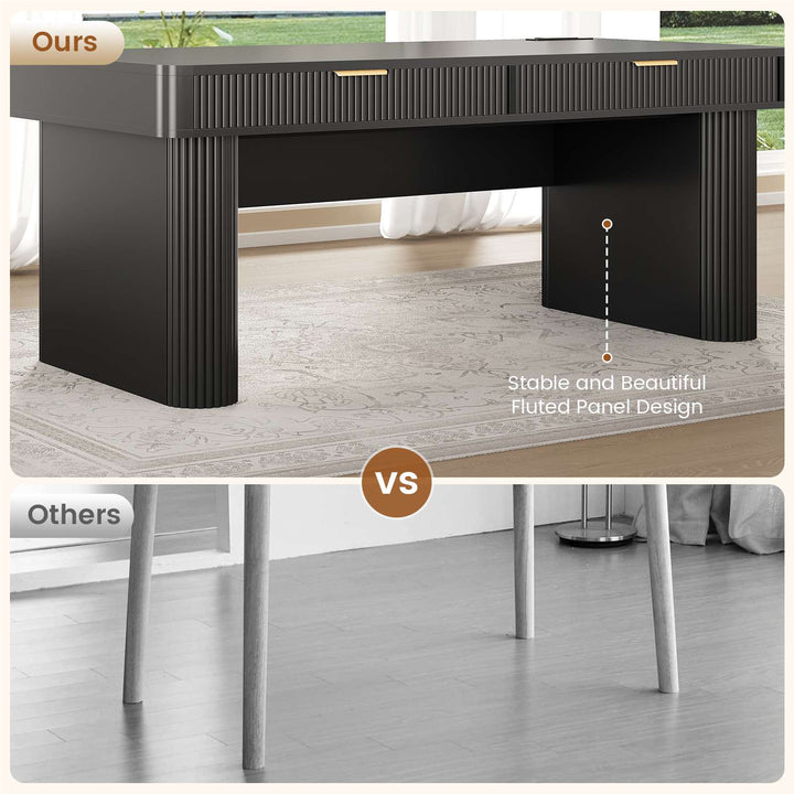 SEDETA 59 Inch Fluted Computer Desk with Storage and Power Strip Wood Office Executive Desk Writing Desk Light Luxury with 2 Drawers