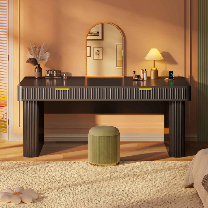 SEDETA 59 Inch Fluted Computer Desk with Storage and Power Strip Wood Office Executive Desk Writing Desk Light Luxury with 2 Drawers