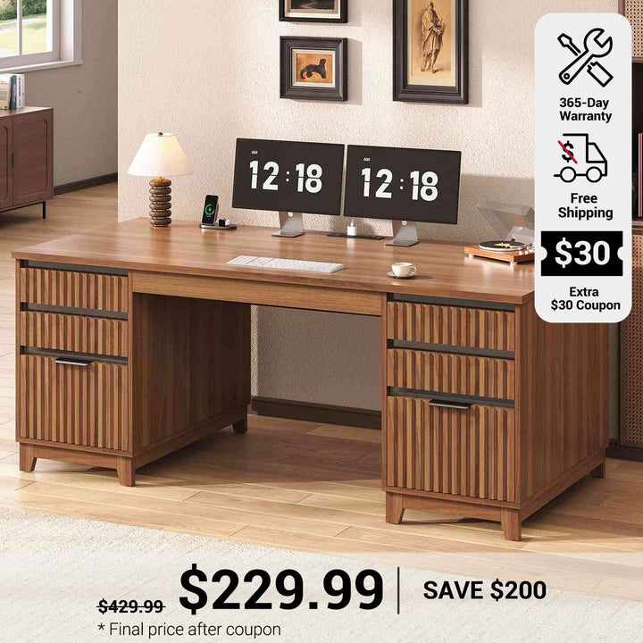 SEDETA 55.1 Inch Fluted Office Desk Modern Light Luxury Executive Desk Computer Desk with Power outlets 6 Drawers Acrylic File Drawers