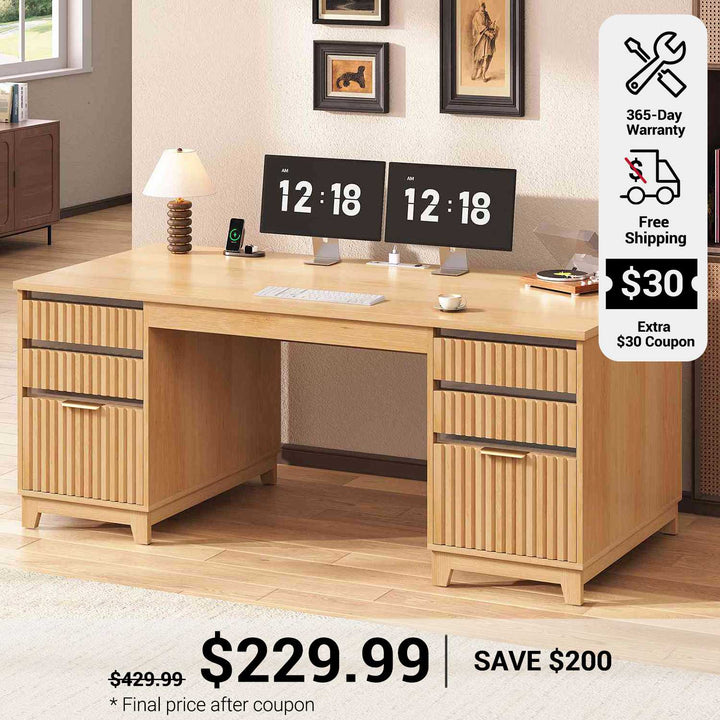 SEDETA 55.1 Inch Fluted Office Desk Modern Light Luxury Executive Desk Computer Desk with Power outlets 6 Drawers Acrylic File Drawers