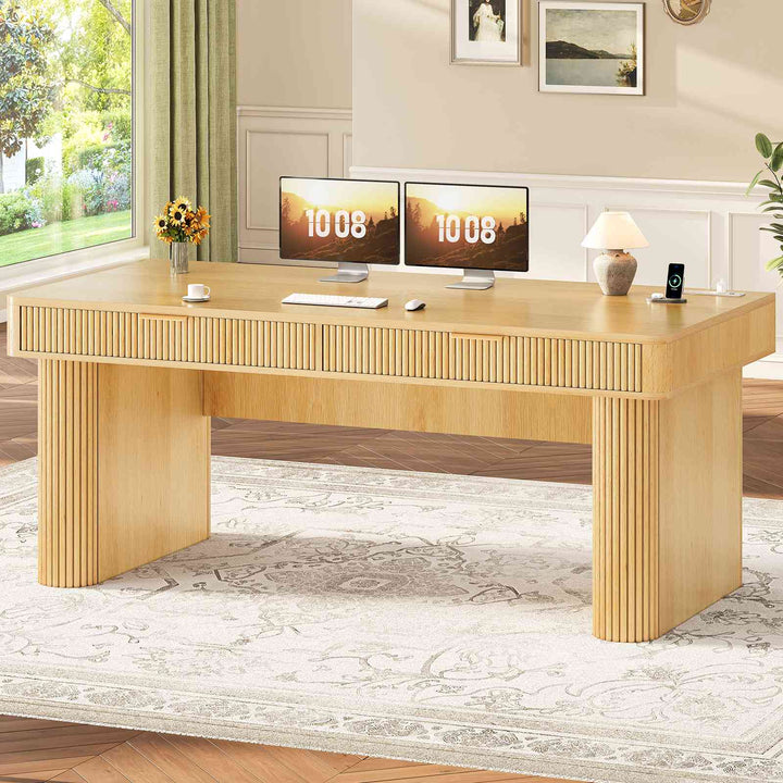 SEDETA 59 Inch Fluted Computer Desk with Storage and Power Strip Wood Office Executive Desk Writing Desk Light Luxury with 2 Drawers