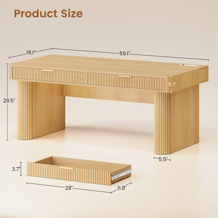 SEDETA 59 Inch Fluted Computer Desk with Storage and Power Strip Wood Office Executive Desk Writing Desk Light Luxury with 2 Drawers