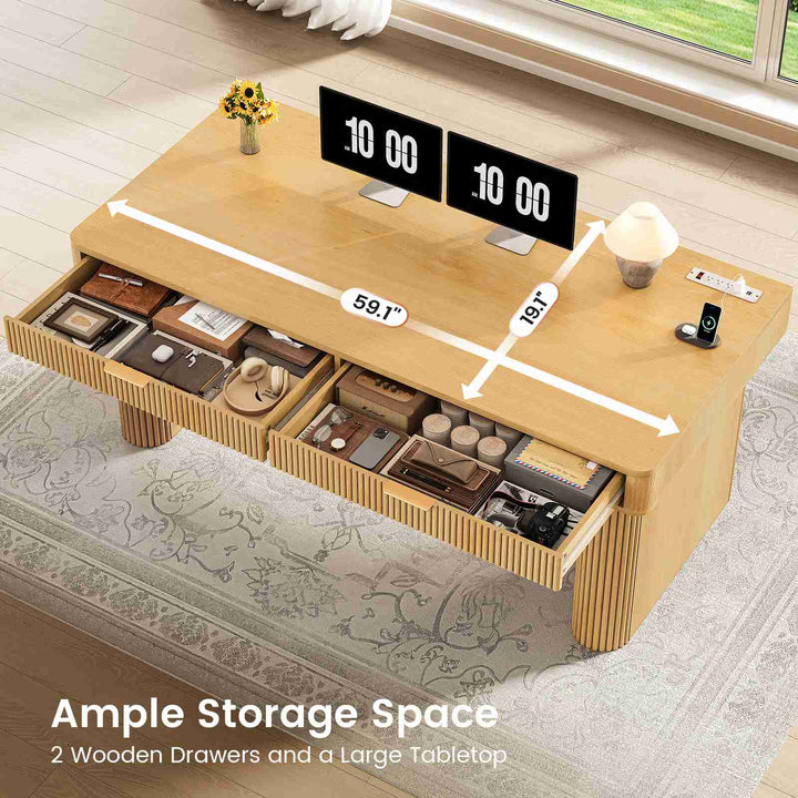 SEDETA 59 Inch Fluted Computer Desk with Storage and Power Strip Wood Office Executive Desk Writing Desk Light Luxury with 2 Drawers