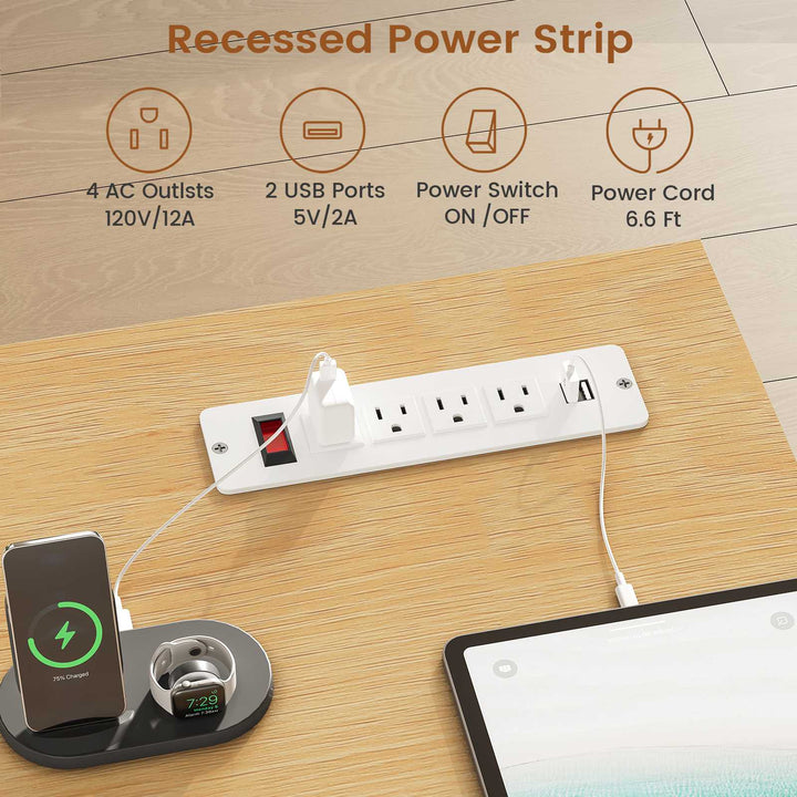 SEDETA 59 Inch Fluted Computer Desk with Storage and Power Strip Wood Office Executive Desk Writing Desk Light Luxury with 2 Drawers