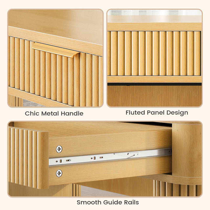 SEDETA 59 Inch Fluted Computer Desk with Storage and Power Strip Wood Office Executive Desk Writing Desk Light Luxury with 2 Drawers