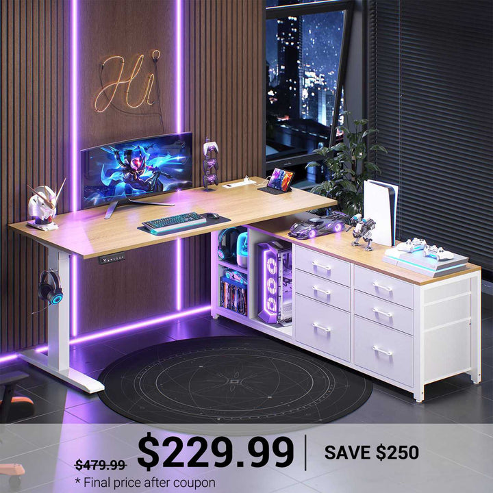 SEDETA® 55.1 Inch Height Adjustable Electric Standing Desk Office Executive Desk L Shaped Sit Stand Computer Desk with Storage Shelves 6 Fabric Drawers Power Outlet