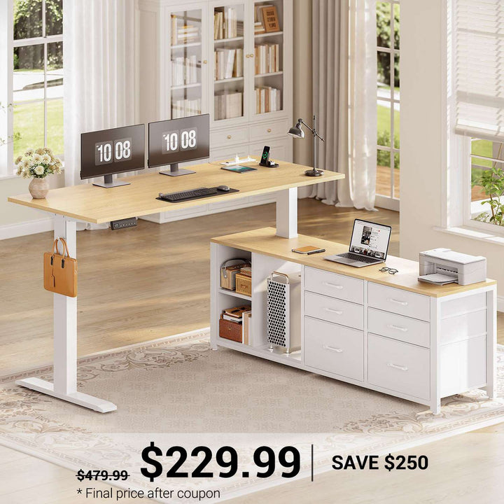 SEDETA® 55.1 Inch Height Adjustable Electric Standing Desk Office Executive Desk L Shaped Sit Stand Computer Desk with Storage Shelves 6 Fabric Drawers Power Outlet