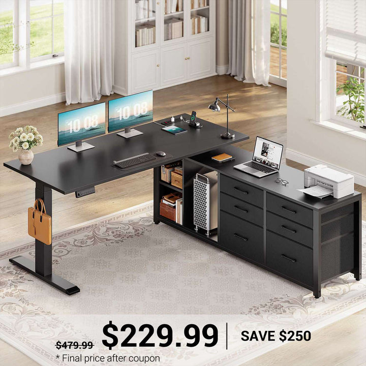 SEDETA® 55.1 Inch Height Adjustable Electric Standing Desk Office Executive Desk L Shaped Sit Stand Computer Desk with Storage Shelves 6 Fabric Drawers Power Outlet