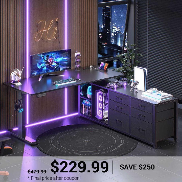 SEDETA® 55.1 Inch Height Adjustable Electric Standing Desk Office Executive Desk L Shaped Sit Stand Computer Desk with Storage Shelves 6 Fabric Drawers Power Outlet