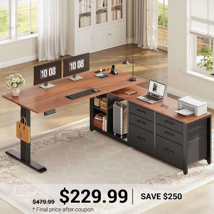 SEDETA® 55.1 Inch Height Adjustable Electric Standing Desk Office Executive Desk L Shaped Sit Stand Computer Desk with Storage Shelves 6 Fabric Drawers Power Outlet