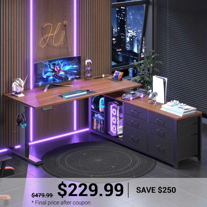 SEDETA® 55.1 Inch Height Adjustable Electric Standing Desk Office Executive Desk L Shaped Sit Stand Computer Desk with Storage Shelves 6 Fabric Drawers Power Outlet