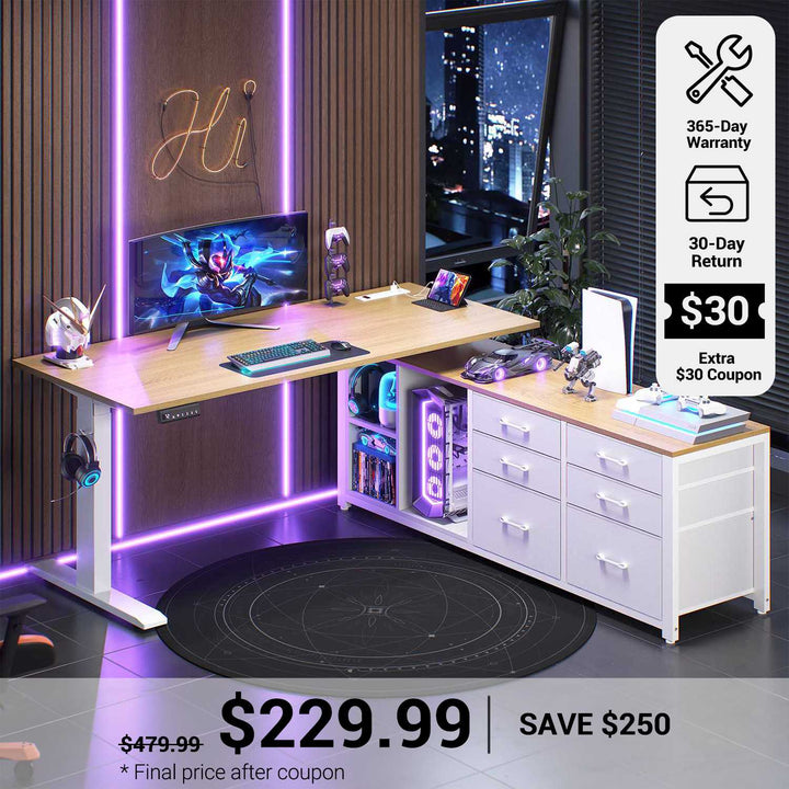 SEDETA® 55.1 Inch Height Adjustable Electric Standing Desk Office Executive Desk L Shaped Sit Stand Computer Desk with Storage Shelves 6 Fabric Drawers Power Outlet